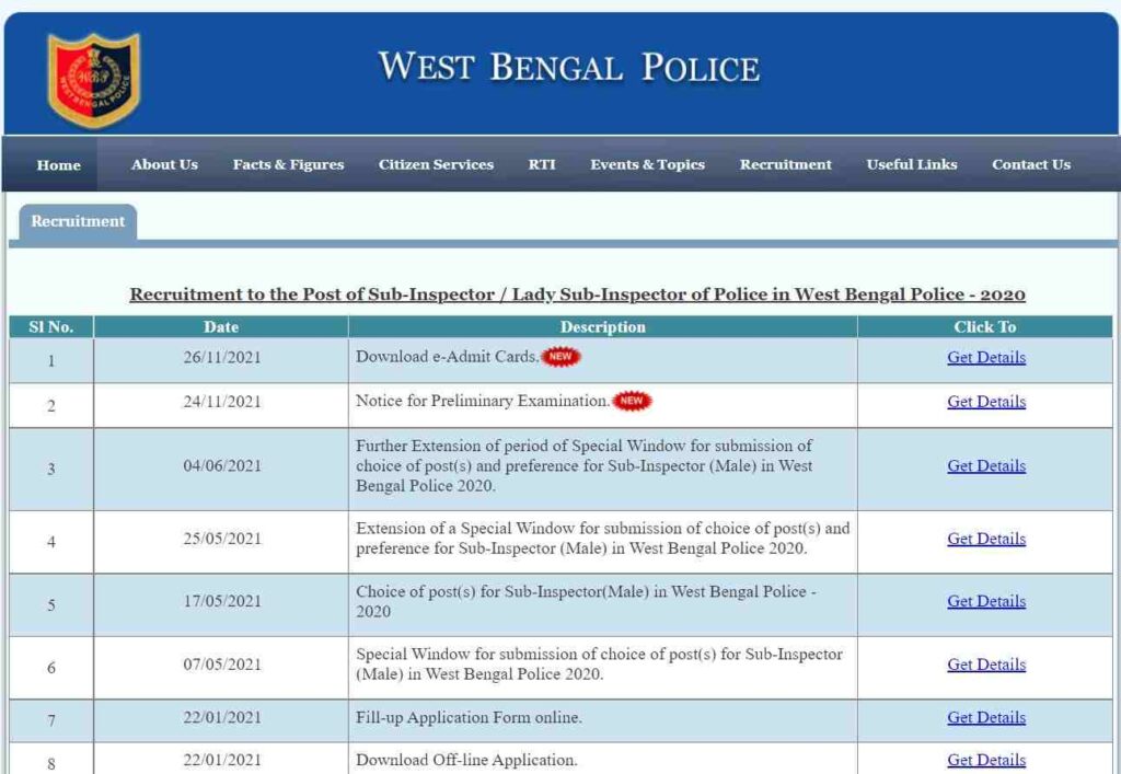 WB Police SI Admit Card Portal