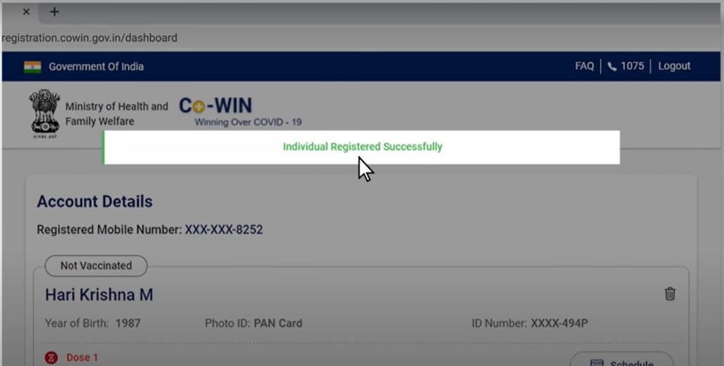 CoWIN Portal Successful Registration 