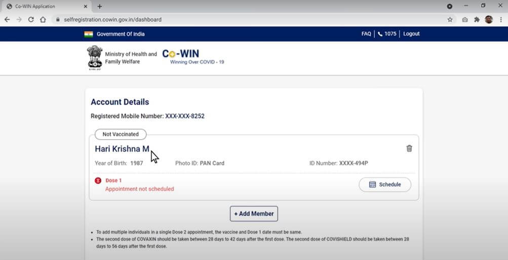 CoWIN Portal Successful Registration - Adding another Member in the CoWIN Account