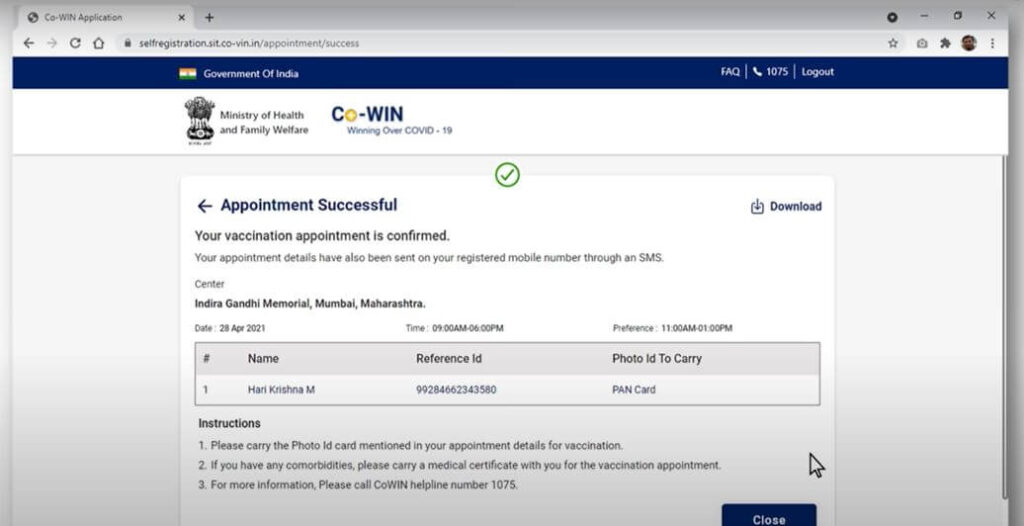 CoWIN Vaccination Slot Booking process - Successful Appointment to Vaccination Center