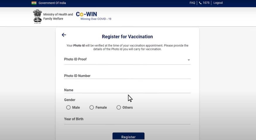 CoWIN Portal Registration Process Photo ID and Other Details